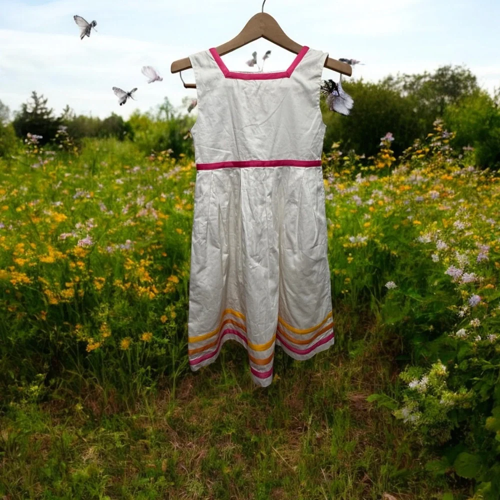 Rachel Riley White Dress with Pink and Yellow Trim
